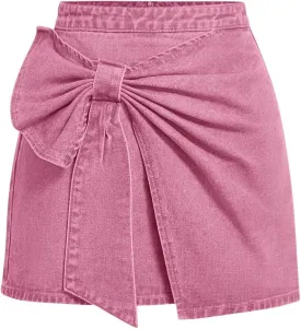 Floerns Women's Plus Size High Waist Denim Skirt Wrap Front Bow Bodycon Mini Skirt