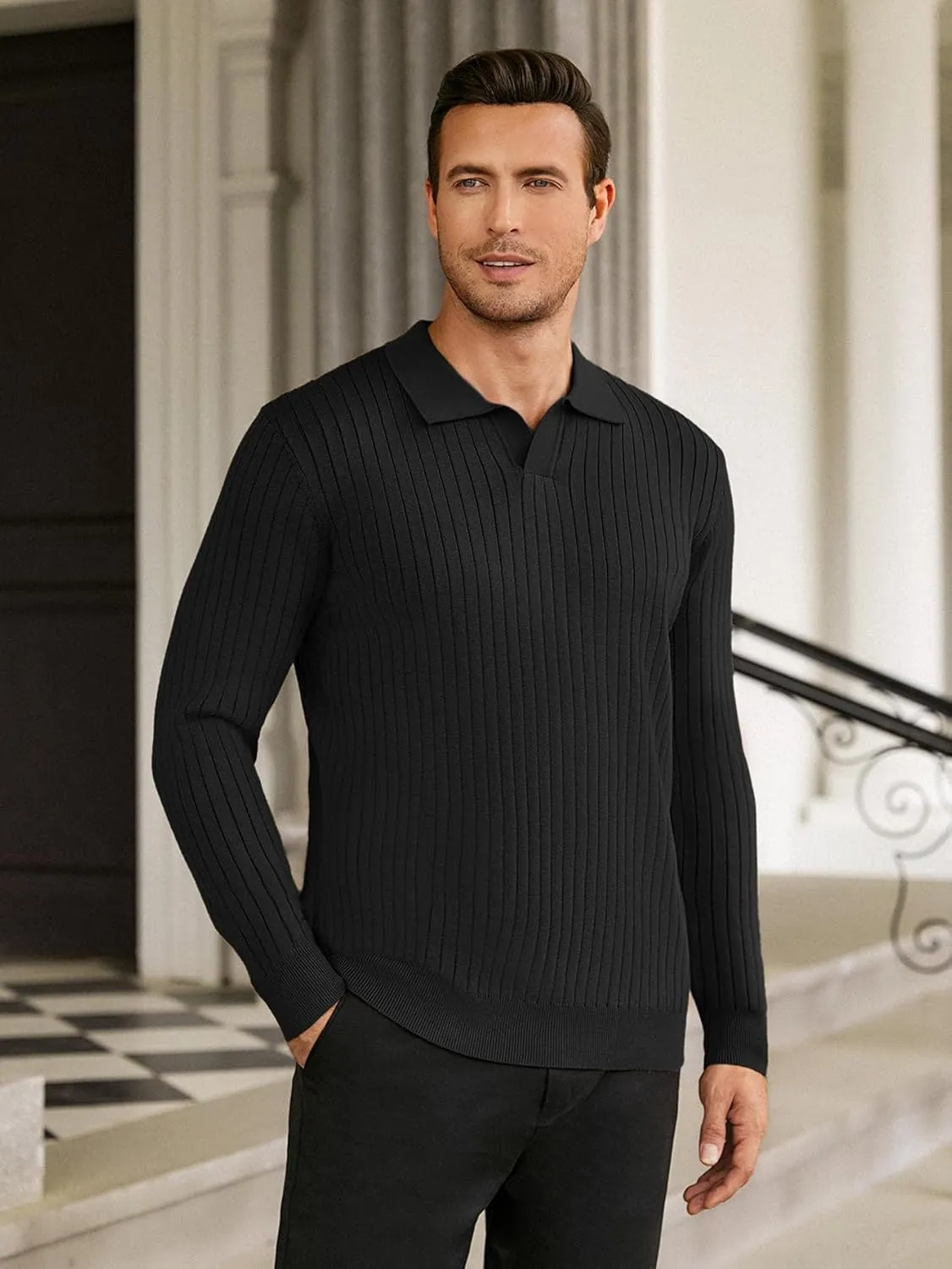 Hardaddy Men's Ribbed Knit Sweater Casual Long Sleeve Polo Sweater Collared V Neck Polo Shirts Solid Pullover Tops