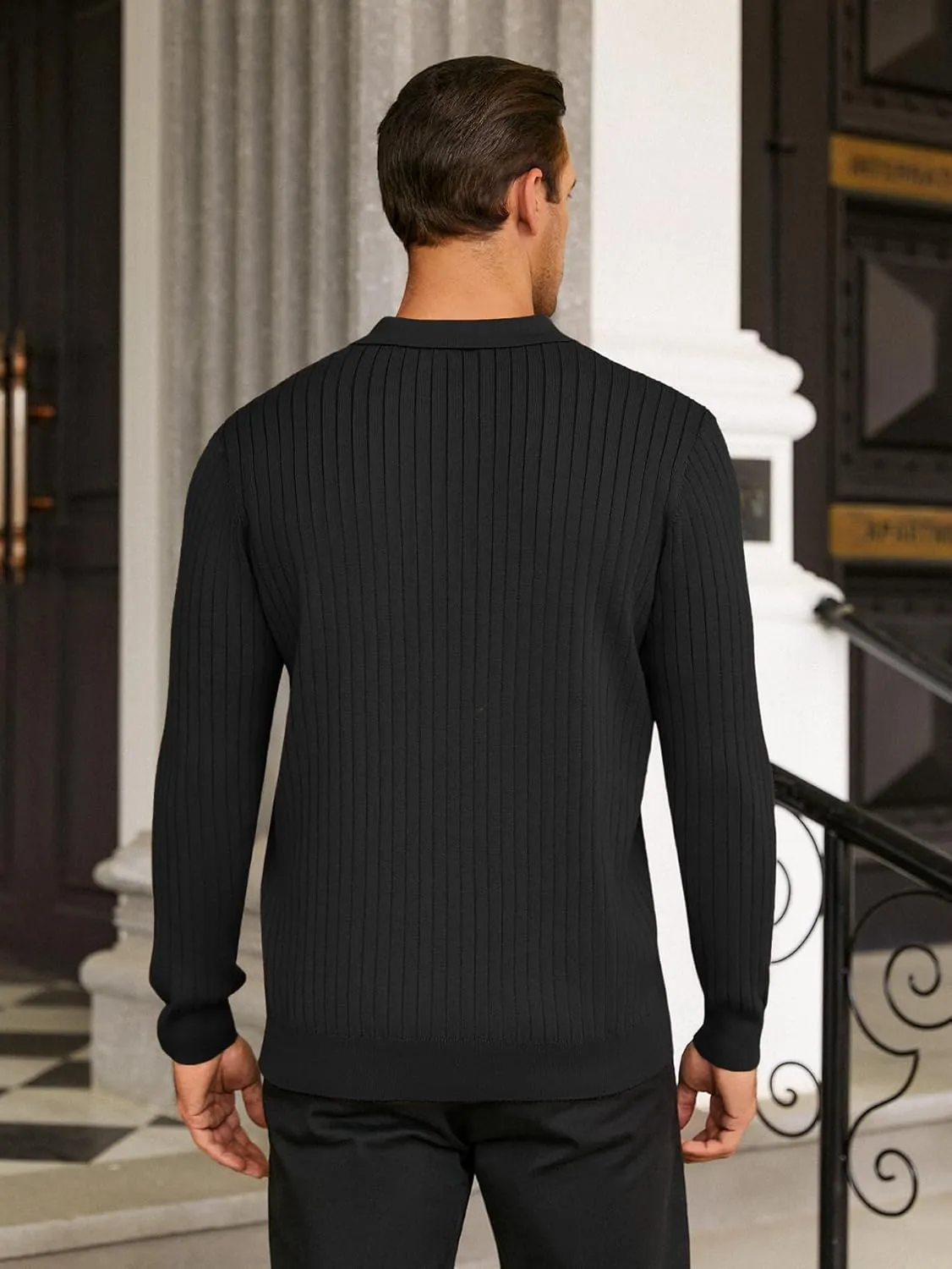 Hardaddy Men's Ribbed Knit Sweater Casual Long Sleeve Polo Sweater Collared V Neck Polo Shirts Solid Pullover Tops