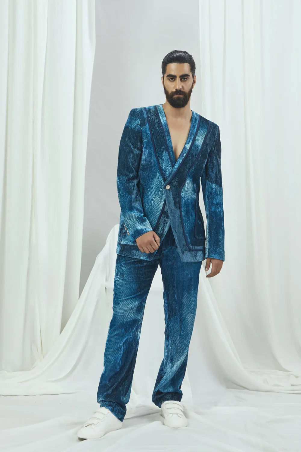 Jade Blue Velvet Printed Blazer
