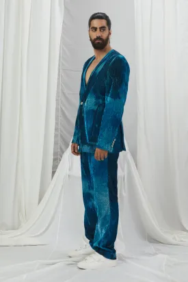Jade Blue Velvet Printed Blazer