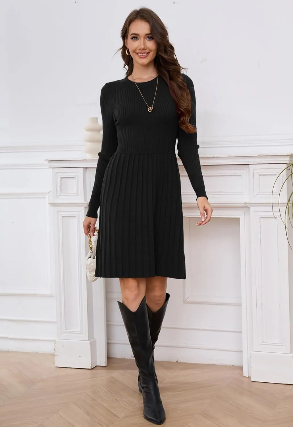 Jayscreate Women's 2024 Sweater Dress Long Sleeve Fall Winter High Waist Tunic Business Casual Mini Pleated Dress