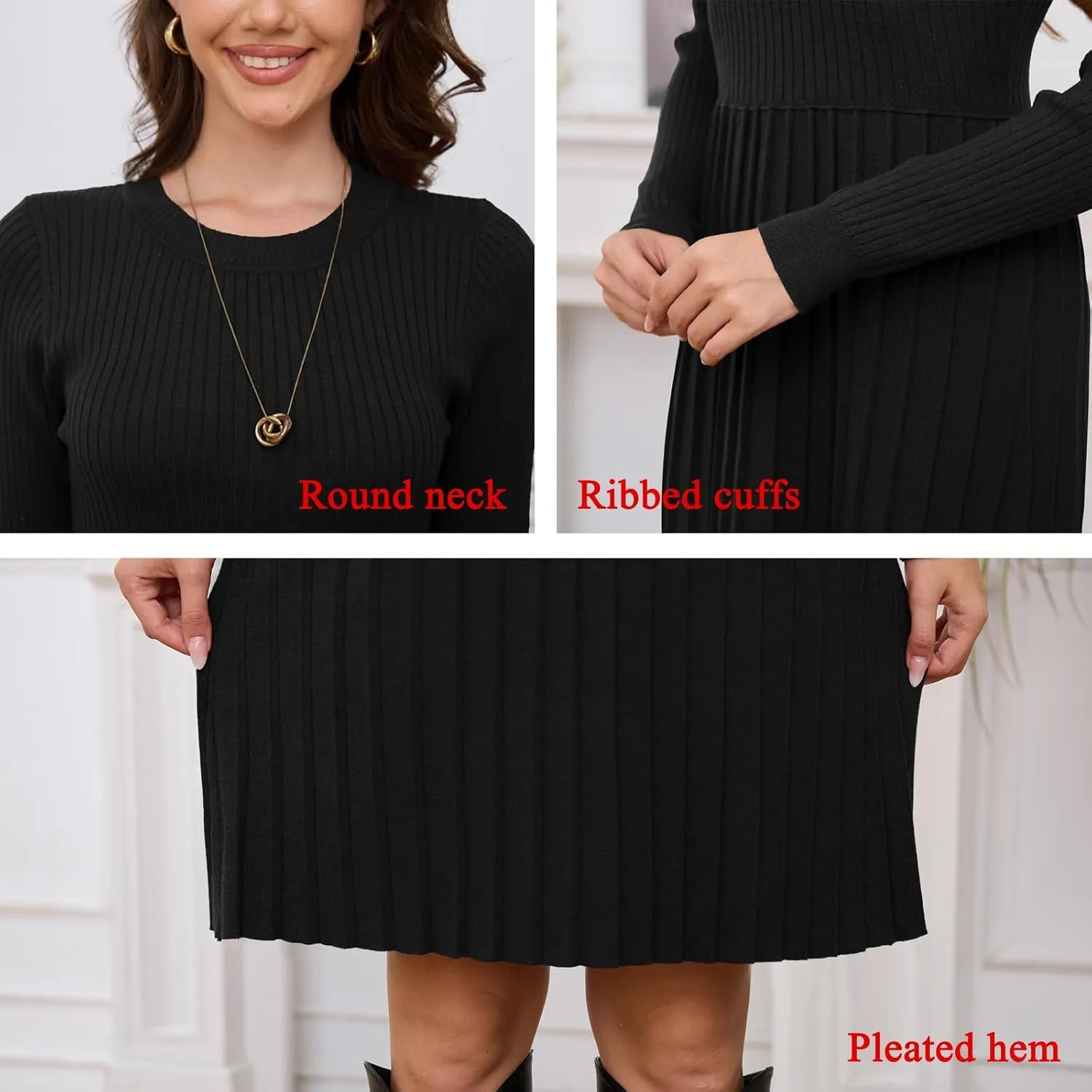 Jayscreate Women's 2024 Sweater Dress Long Sleeve Fall Winter High Waist Tunic Business Casual Mini Pleated Dress