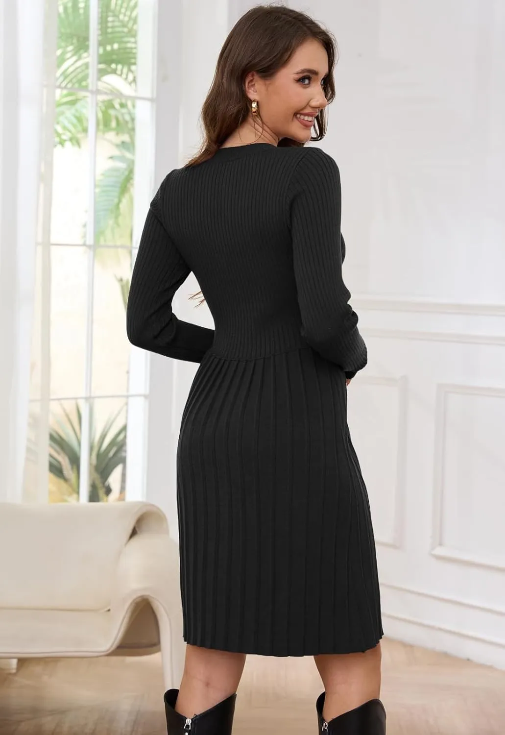 Jayscreate Women's 2024 Sweater Dress Long Sleeve Fall Winter High Waist Tunic Business Casual Mini Pleated Dress