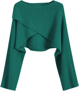 Joe Wenko Women's Boat Neck Sweater Long Sleeve Cross Wrap Asymmetrical Hem Cropped Pullover Jumper Tops