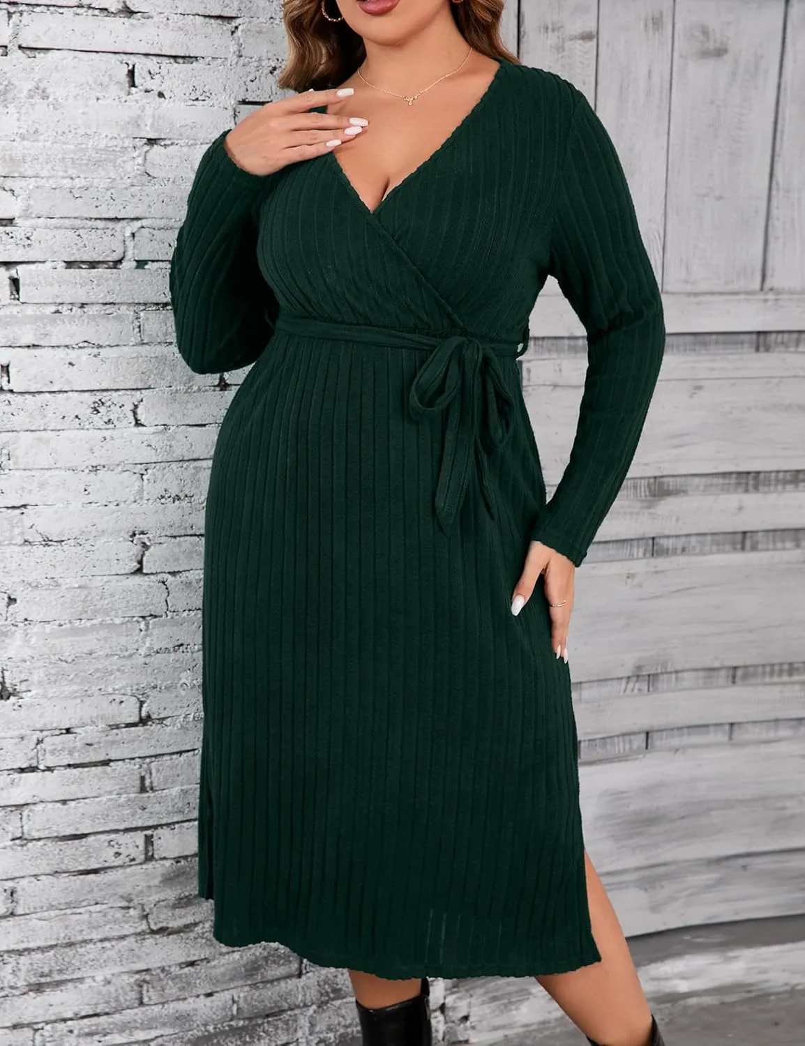 KOJOOIN Women Plus Size Sweater Dress V-Neck Long Sleeve Knit Dress Side Split Elegant Sweater Dress with Belt
