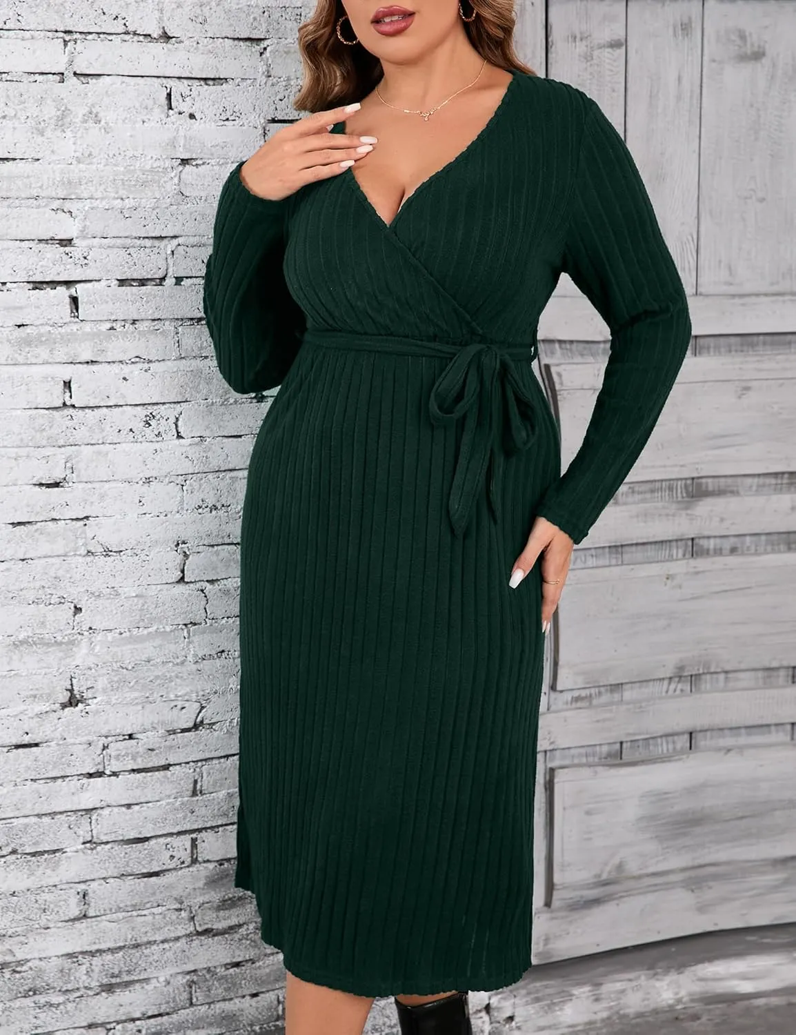 KOJOOIN Women Plus Size Sweater Dress V-Neck Long Sleeve Knit Dress Side Split Elegant Sweater Dress with Belt