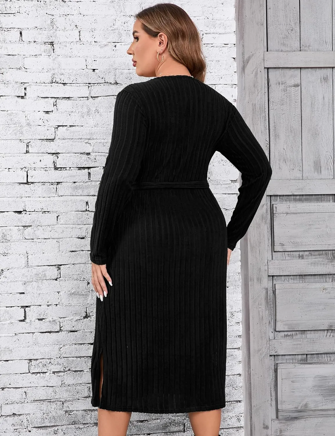 KOJOOIN Women Plus Size Sweater Dress V-Neck Long Sleeve Knit Dress Side Split Elegant Sweater Dress with Belt