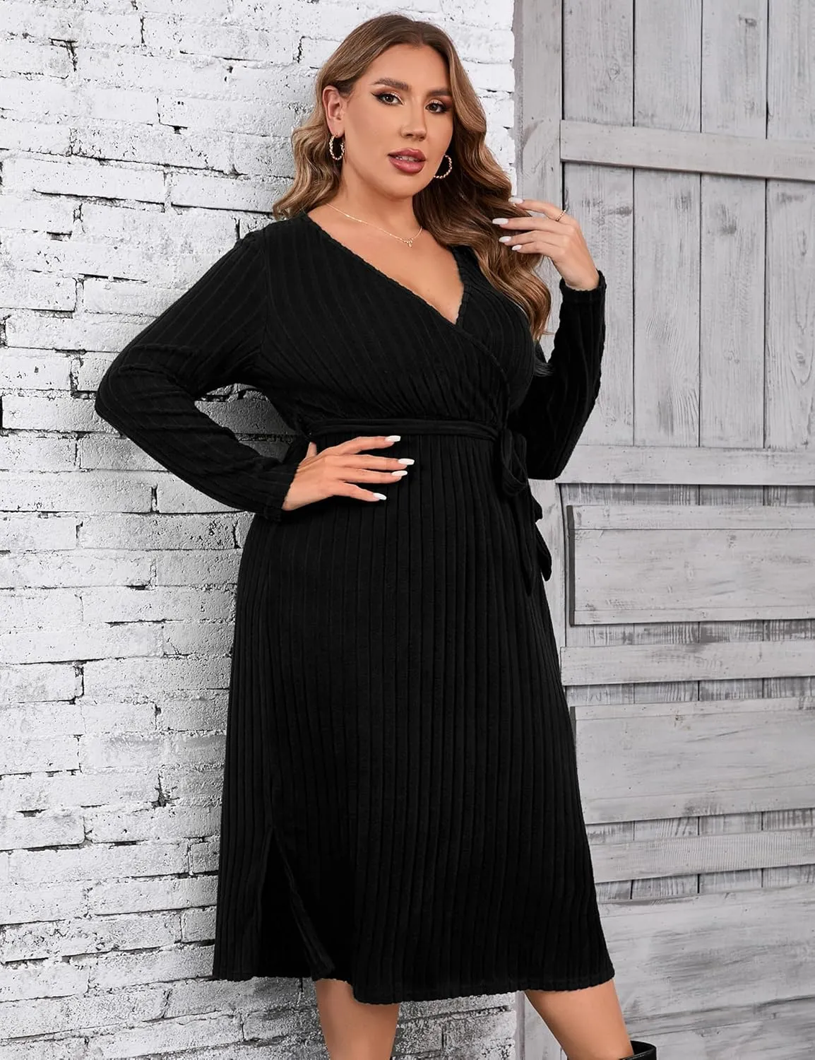 KOJOOIN Women Plus Size Sweater Dress V-Neck Long Sleeve Knit Dress Side Split Elegant Sweater Dress with Belt