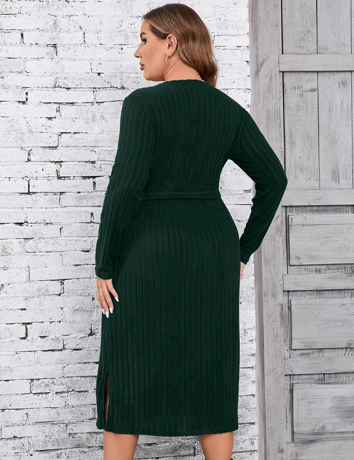 KOJOOIN Women Plus Size Sweater Dress V-Neck Long Sleeve Knit Dress Side Split Elegant Sweater Dress with Belt