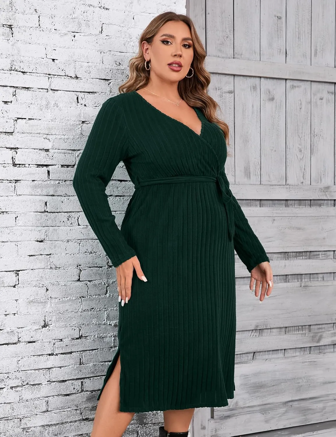 KOJOOIN Women Plus Size Sweater Dress V-Neck Long Sleeve Knit Dress Side Split Elegant Sweater Dress with Belt
