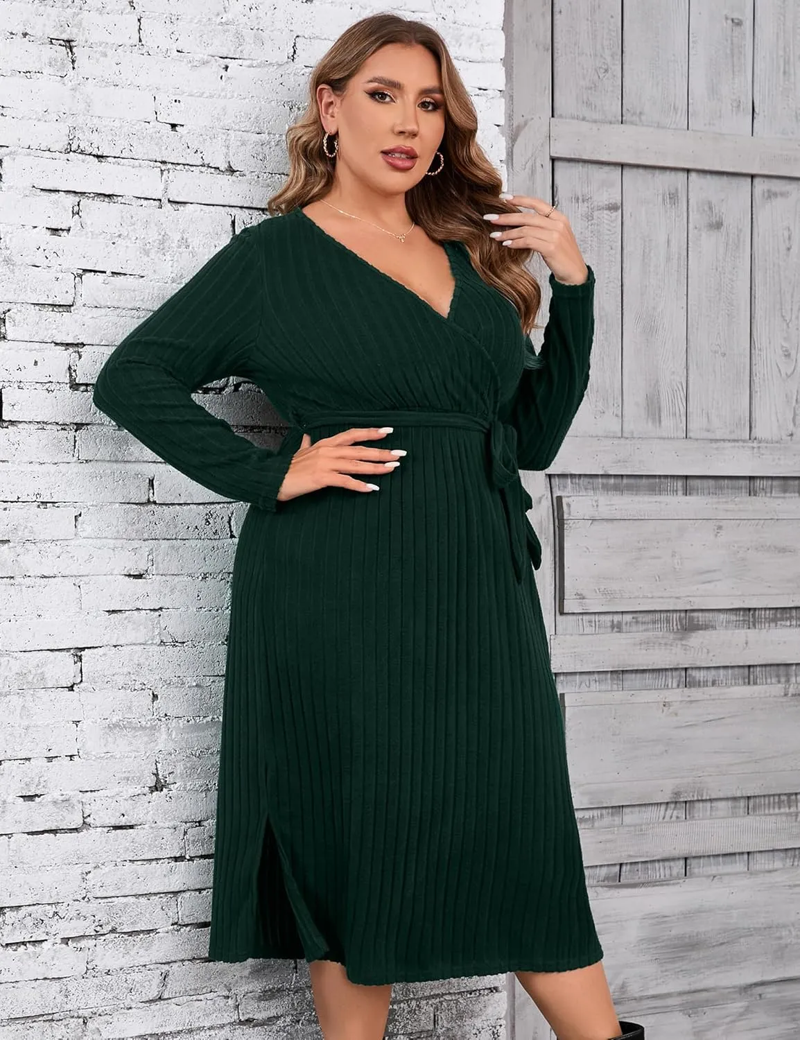 KOJOOIN Women Plus Size Sweater Dress V-Neck Long Sleeve Knit Dress Side Split Elegant Sweater Dress with Belt