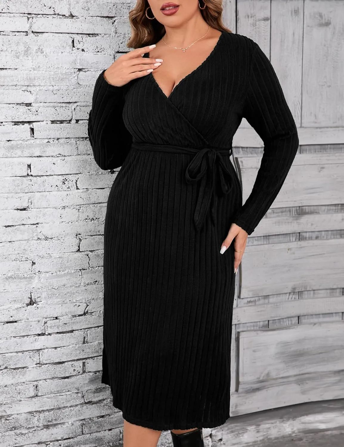 KOJOOIN Women Plus Size Sweater Dress V-Neck Long Sleeve Knit Dress Side Split Elegant Sweater Dress with Belt