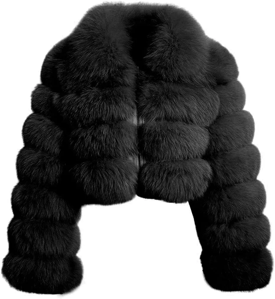loveimgs Women Fluffy Faux Fur Coat Cropped Jacket Puffer Jacket Zip Up Winter Warm Fuzzy Teddy Jacket