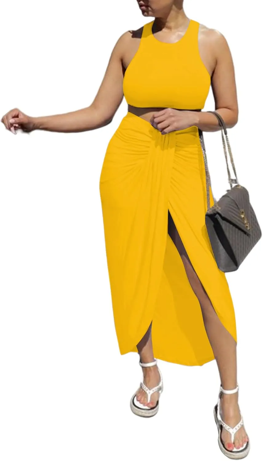 LYANER Women's 2 Piece Outfits Sleeveless Tank Crop Top and Wrap Split Slit Ruched Bodycon Midi Skirt