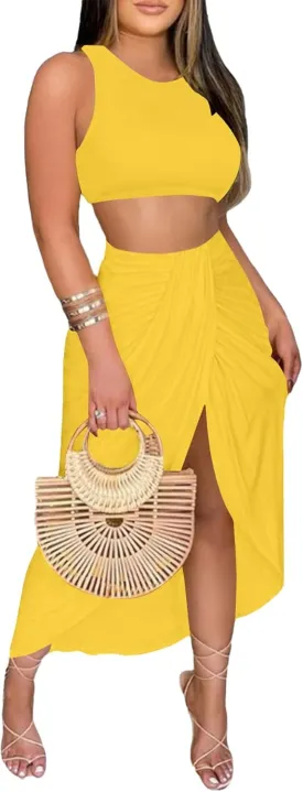 LYANER Women's 2 Piece Outfits Sleeveless Tank Crop Top and Wrap Split Slit Ruched Bodycon Midi Skirt