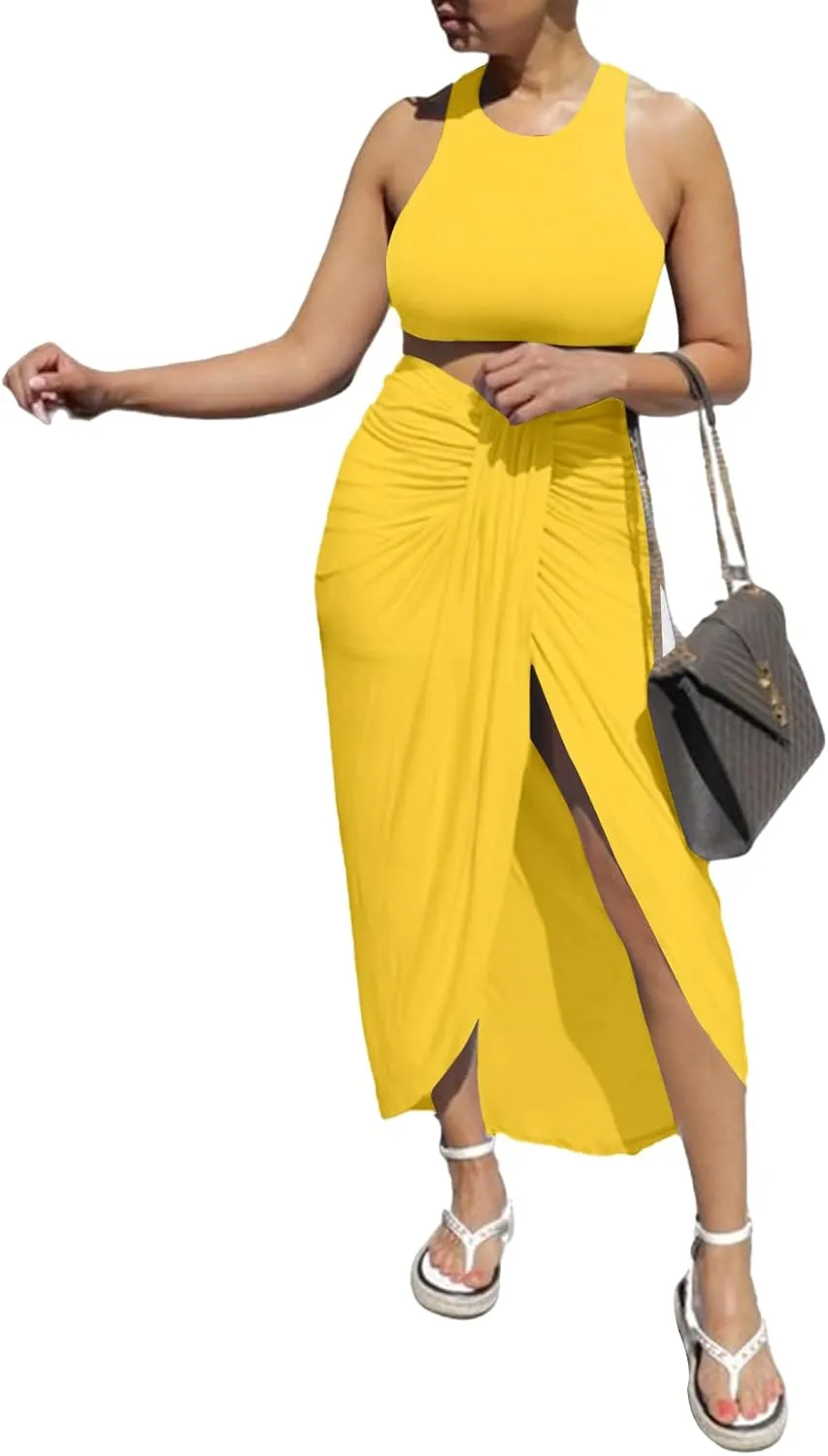 LYANER Women's 2 Piece Outfits Sleeveless Tank Crop Top and Wrap Split Slit Ruched Bodycon Midi Skirt