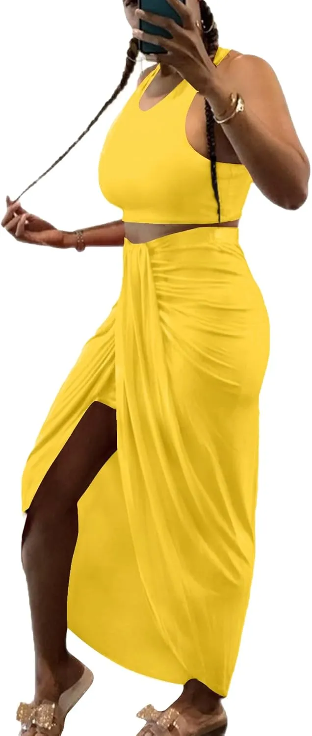 LYANER Women's 2 Piece Outfits Sleeveless Tank Crop Top and Wrap Split Slit Ruched Bodycon Midi Skirt