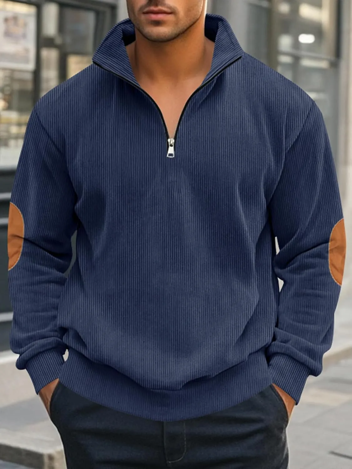 Men's Quarter Zipper Pullover Corduroy Crew Neck Sweatshirt Spring Autumn Casual Knit Long Sleeve Polo Shirt