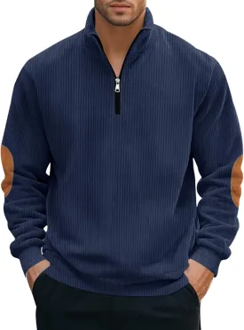 Men's Quarter Zipper Pullover Corduroy Crew Neck Sweatshirt Spring Autumn Casual Knit Long Sleeve Polo Shirt
