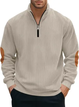 Men's Quarter Zipper Pullover Corduroy Crew Neck Sweatshirt Spring Autumn Casual Knit Long Sleeve Polo Shirt