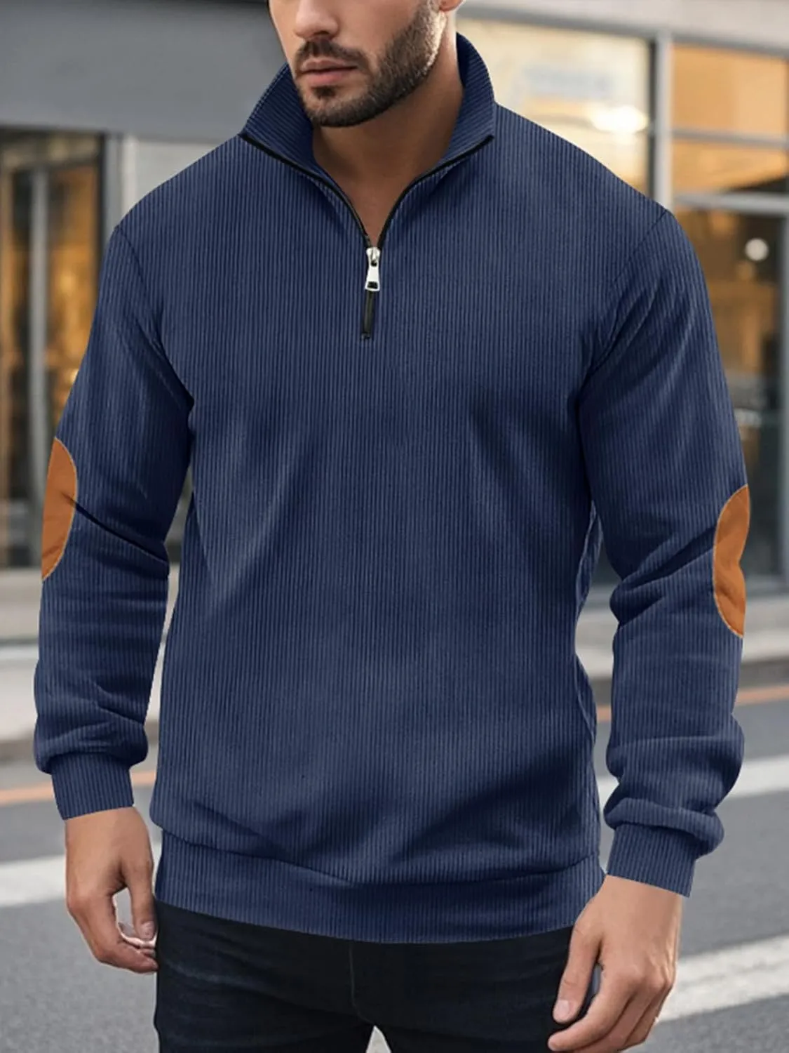 Men's Quarter Zipper Pullover Corduroy Crew Neck Sweatshirt Spring Autumn Casual Knit Long Sleeve Polo Shirt