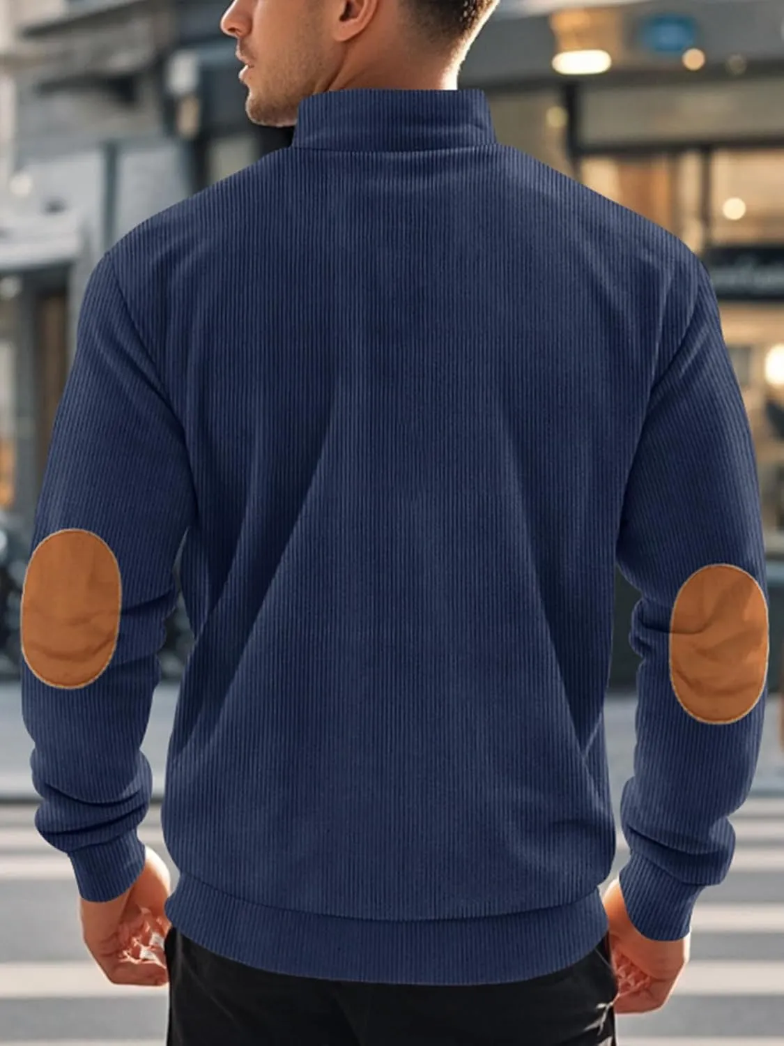 Men's Quarter Zipper Pullover Corduroy Crew Neck Sweatshirt Spring Autumn Casual Knit Long Sleeve Polo Shirt