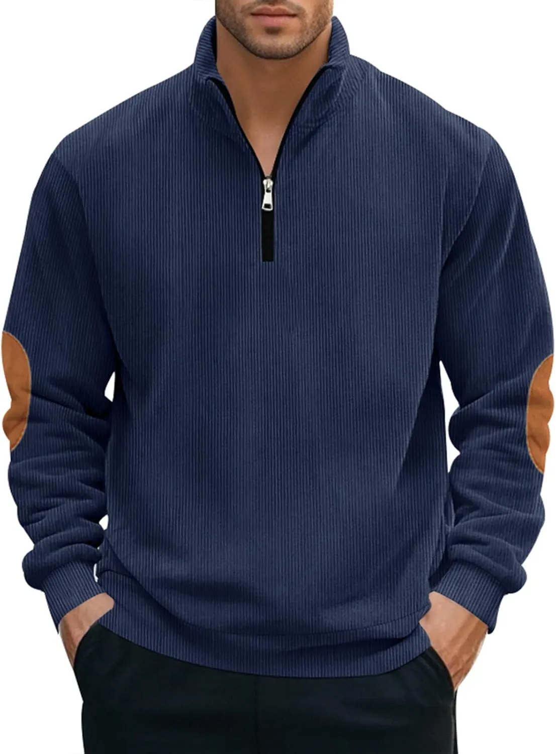 Men's Quarter Zipper Pullover Corduroy Crew Neck Sweatshirt Spring Autumn Casual Knit Long Sleeve Polo Shirt