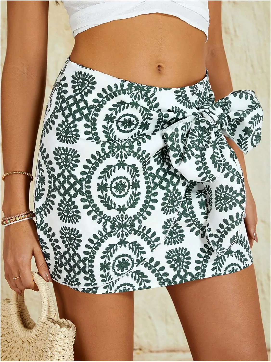 Milumia Women's Summer Boho Wrap Mini Skirt Allover Print High Waisted Knot Side Short Vacation Beach Skirt