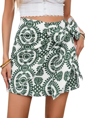 Milumia Women's Summer Boho Wrap Mini Skirt Allover Print High Waisted Knot Side Short Vacation Beach Skirt
