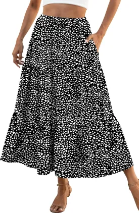 Naggoo Women's Summer Maxi Skirt Tiered A Line Ruffle Elastic High Waisted Flowy Beach Long Skirts with Pockets