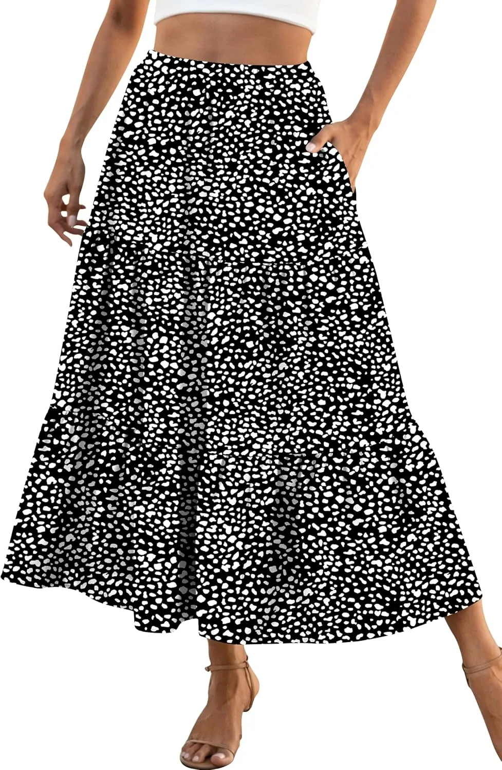 Naggoo Women's Summer Maxi Skirt Tiered A Line Ruffle Elastic High Waisted Flowy Beach Long Skirts with Pockets