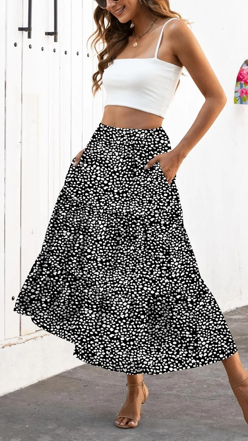 Naggoo Women's Summer Maxi Skirt Tiered A Line Ruffle Elastic High Waisted Flowy Beach Long Skirts with Pockets