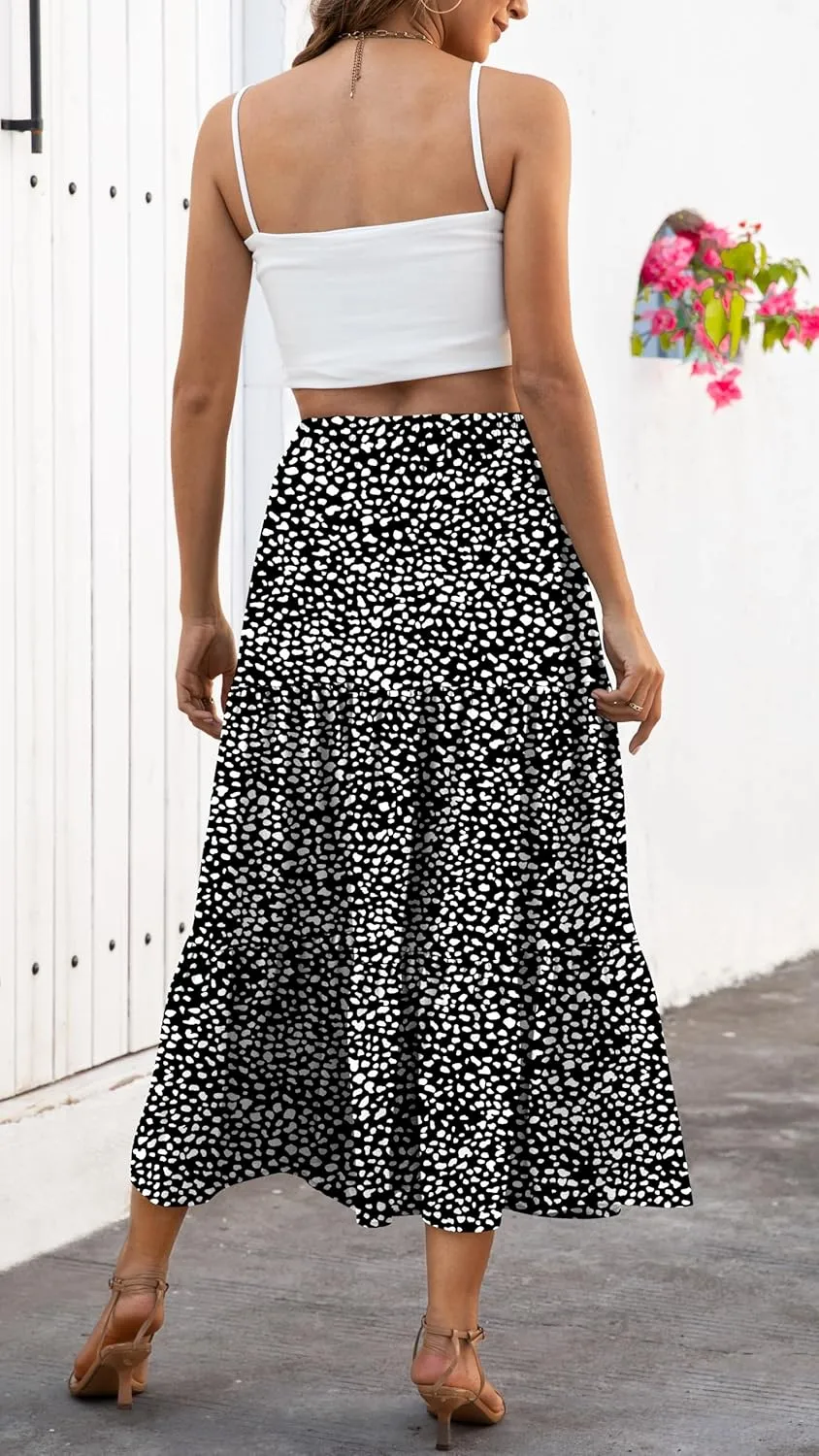 Naggoo Women's Summer Maxi Skirt Tiered A Line Ruffle Elastic High Waisted Flowy Beach Long Skirts with Pockets