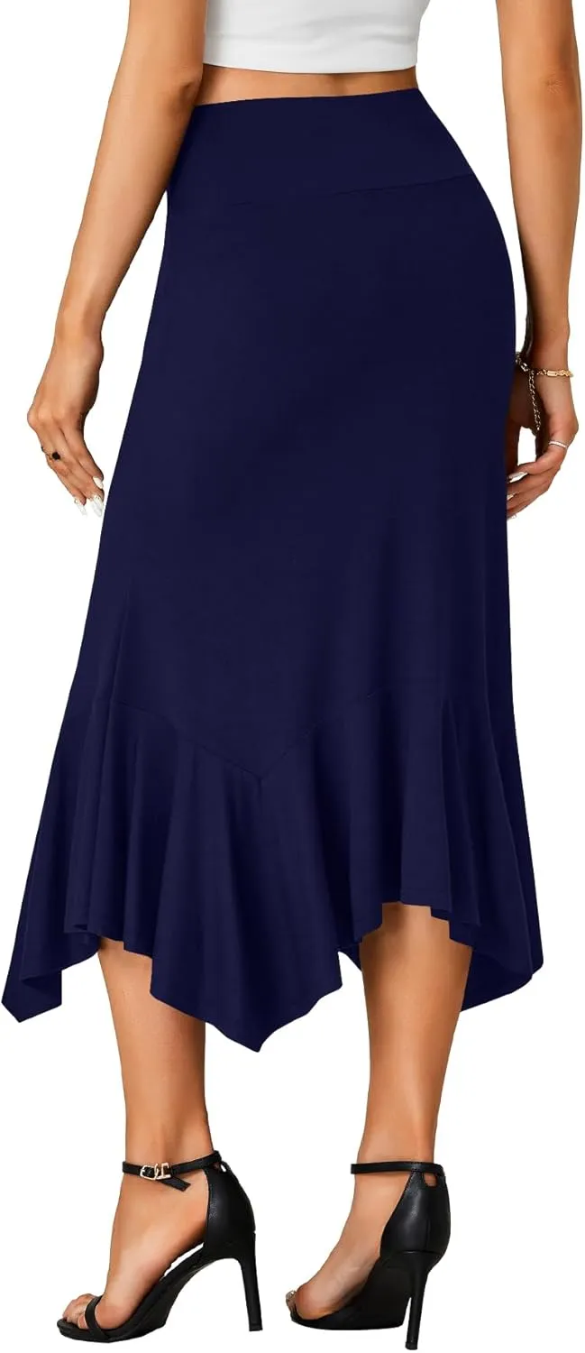 OPOIPIN Women's Stretchy High Waist Ruffle Asymmetrical Hem Flowy Midi Skirt