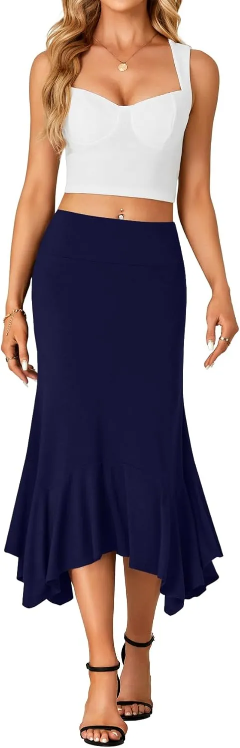 OPOIPIN Women's Stretchy High Waist Ruffle Asymmetrical Hem Flowy Midi Skirt