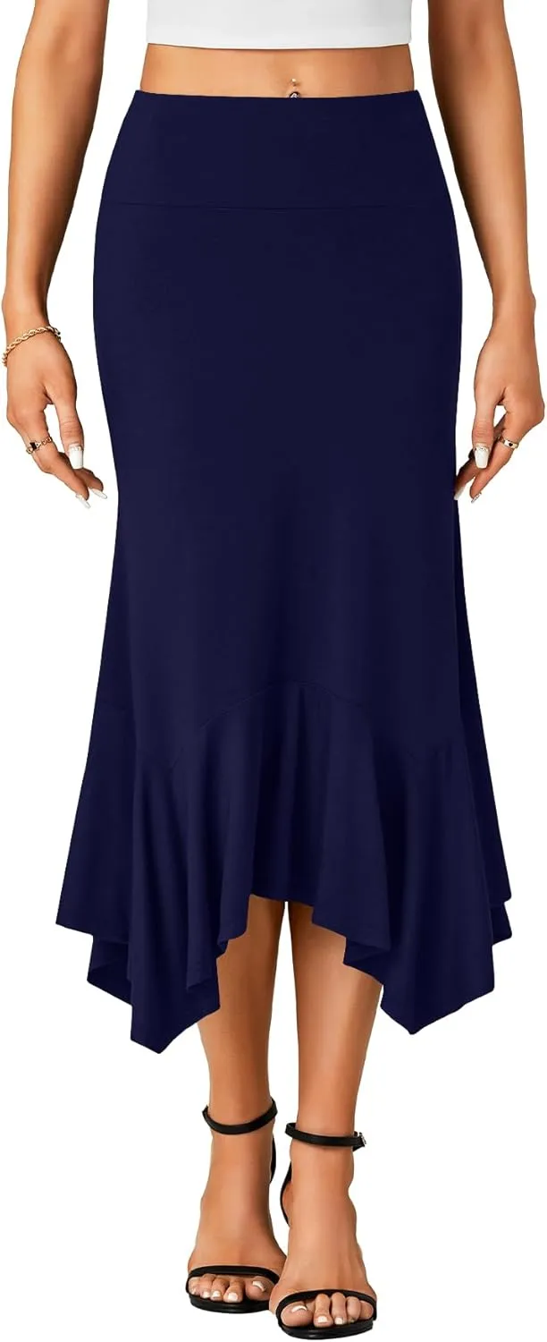 OPOIPIN Women's Stretchy High Waist Ruffle Asymmetrical Hem Flowy Midi Skirt