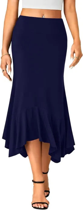 OPOIPIN Women's Stretchy High Waist Ruffle Asymmetrical Hem Flowy Midi Skirt