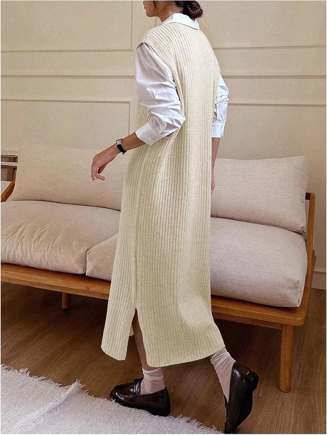OYOANGLE Women's Split Hem Rib Knit Midi Sweater Dress V Neck Sleeveless Loose Fit Sweater Vest