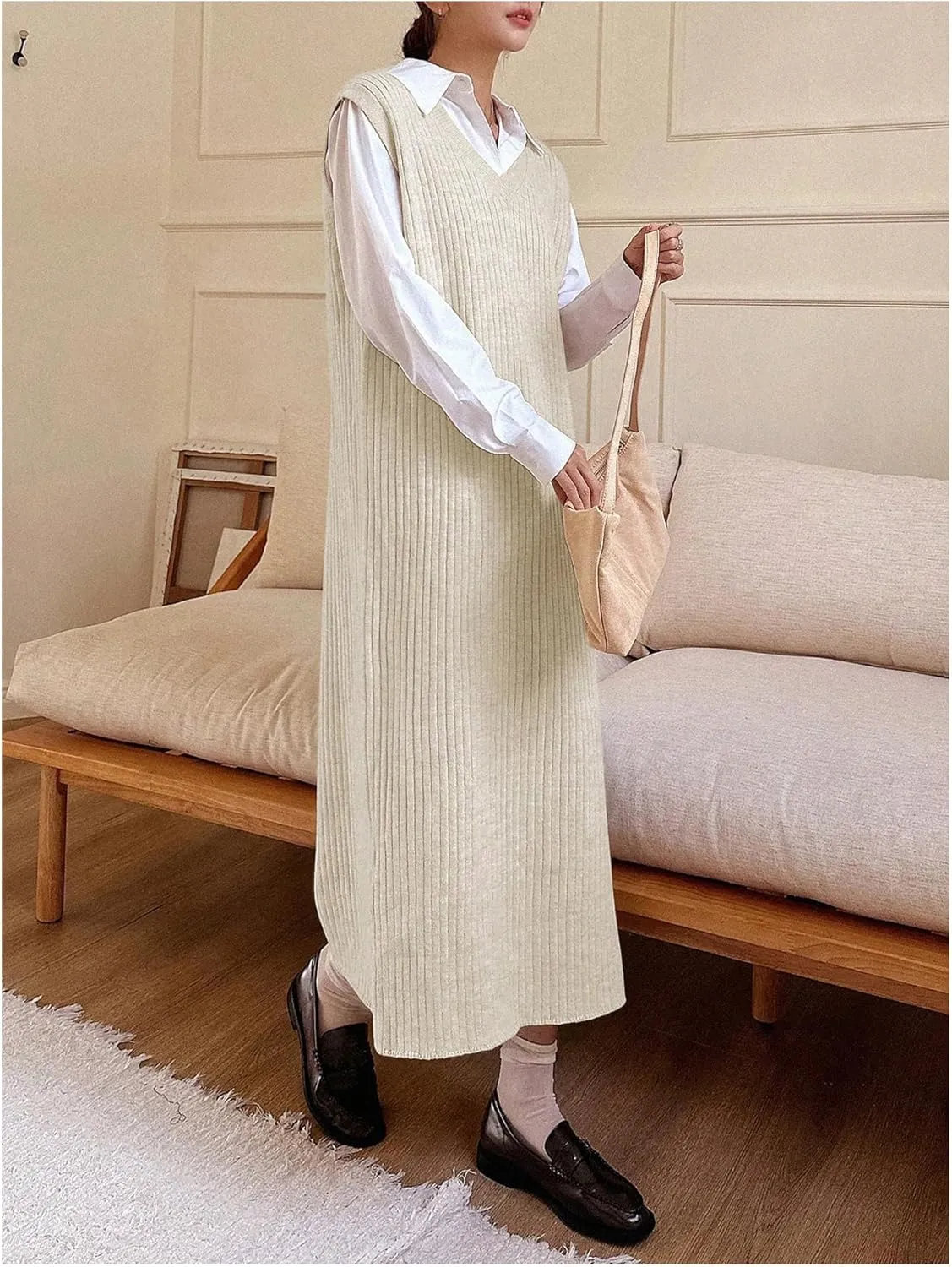 OYOANGLE Women's Split Hem Rib Knit Midi Sweater Dress V Neck Sleeveless Loose Fit Sweater Vest