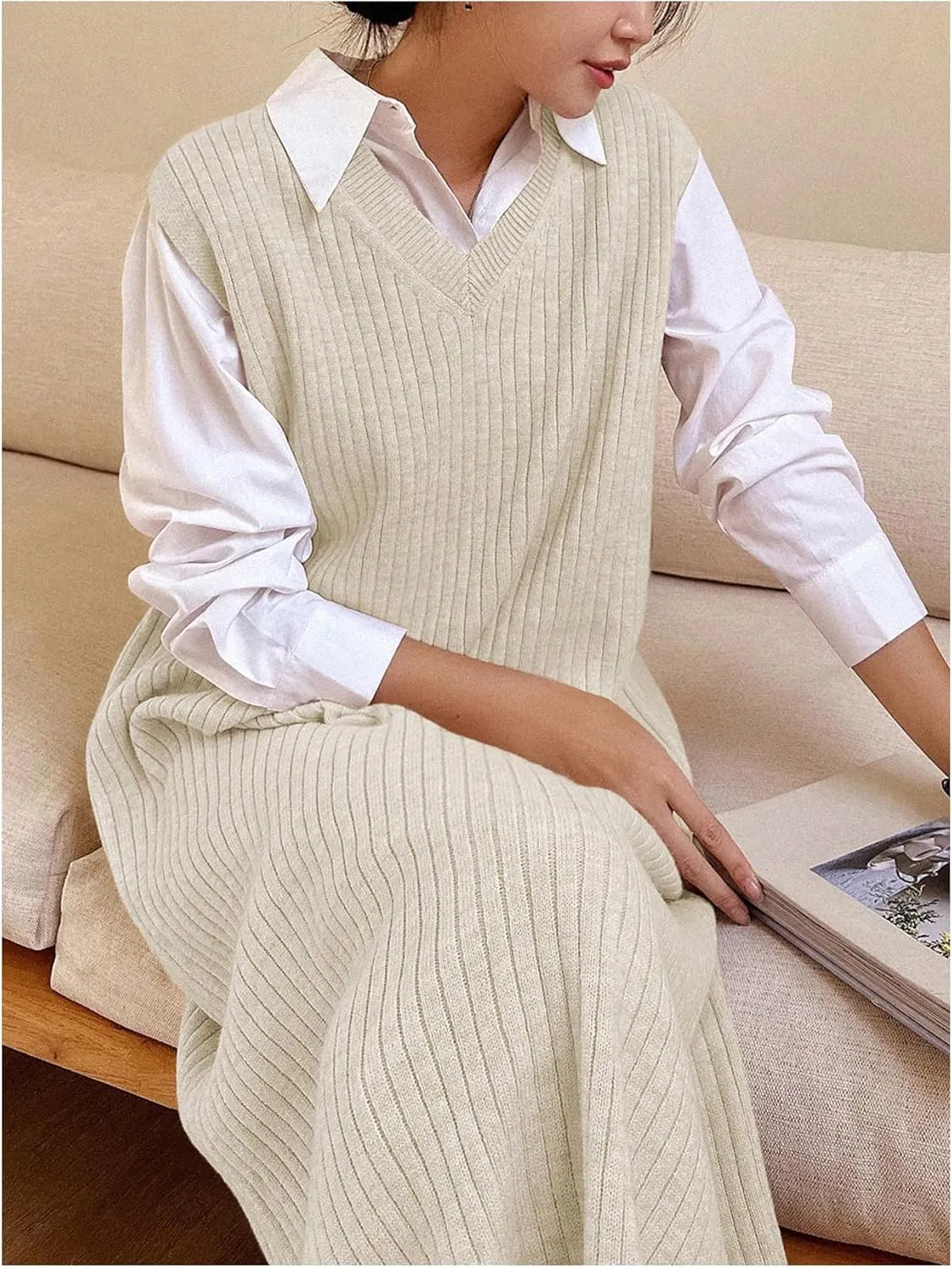 OYOANGLE Women's Split Hem Rib Knit Midi Sweater Dress V Neck Sleeveless Loose Fit Sweater Vest