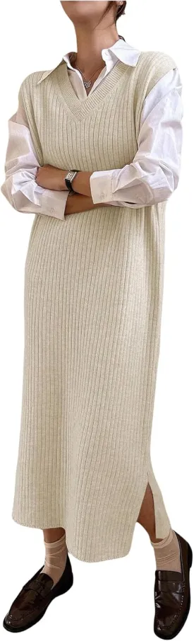 OYOANGLE Women's Split Hem Rib Knit Midi Sweater Dress V Neck Sleeveless Loose Fit Sweater Vest