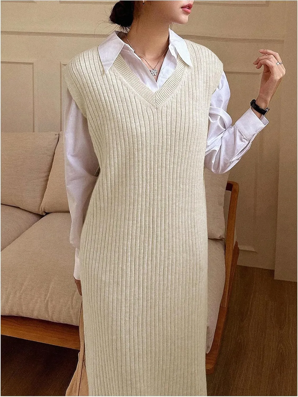 OYOANGLE Women's Split Hem Rib Knit Midi Sweater Dress V Neck Sleeveless Loose Fit Sweater Vest