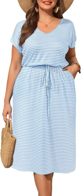 Pinup Fashion Women Plus Size Summer Dresses - Casual Work T Shirt V Neck Midi Dress with Pockets