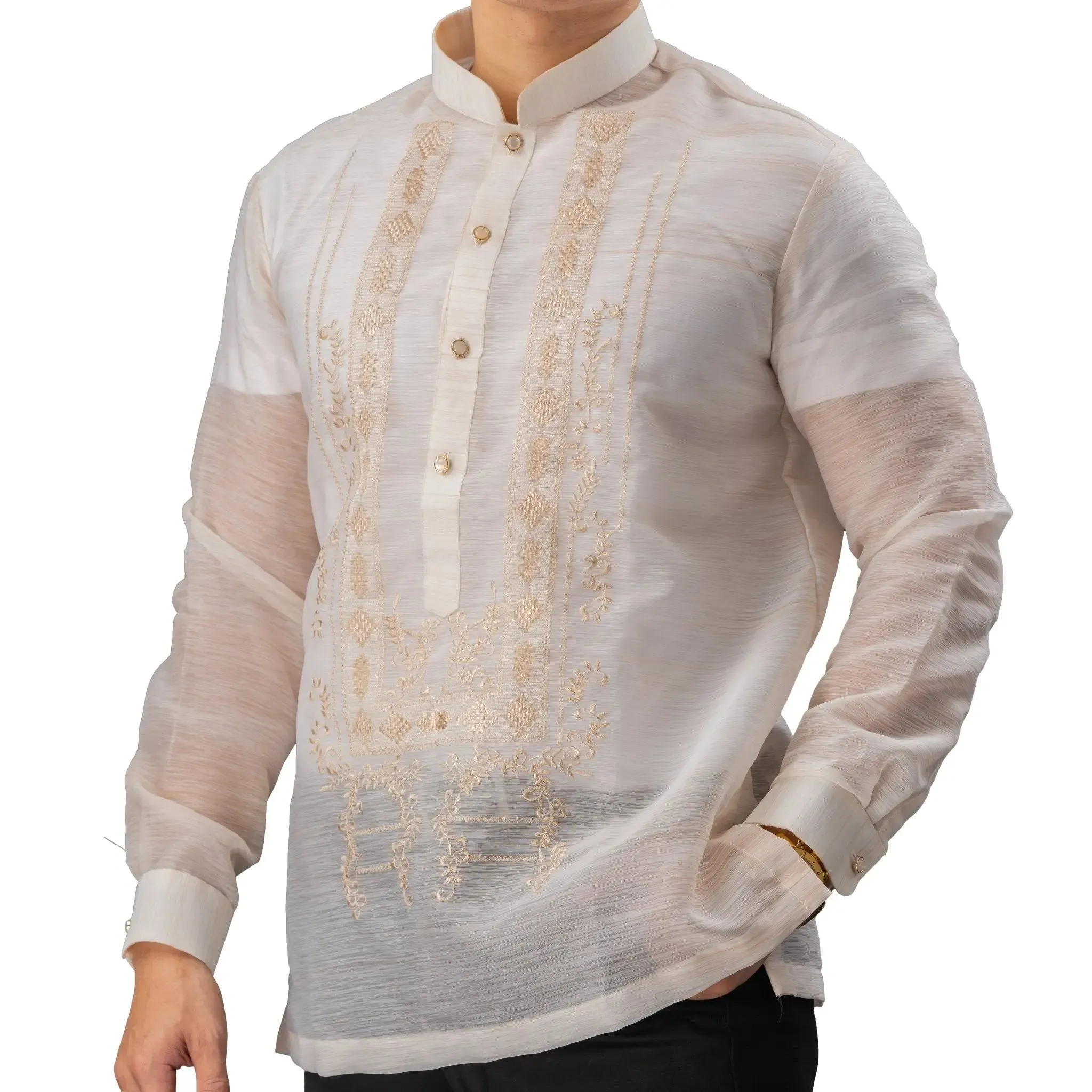 QUEZON Classic Men's Barong in Brown with Chinese Collar - Jusilyn Fabric