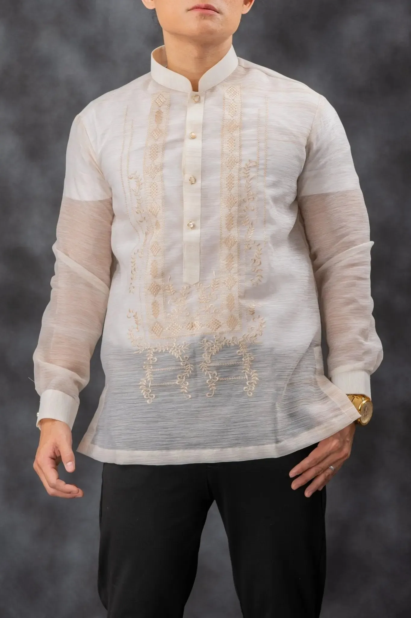 QUEZON Classic Men's Barong in Brown with Chinese Collar - Jusilyn Fabric