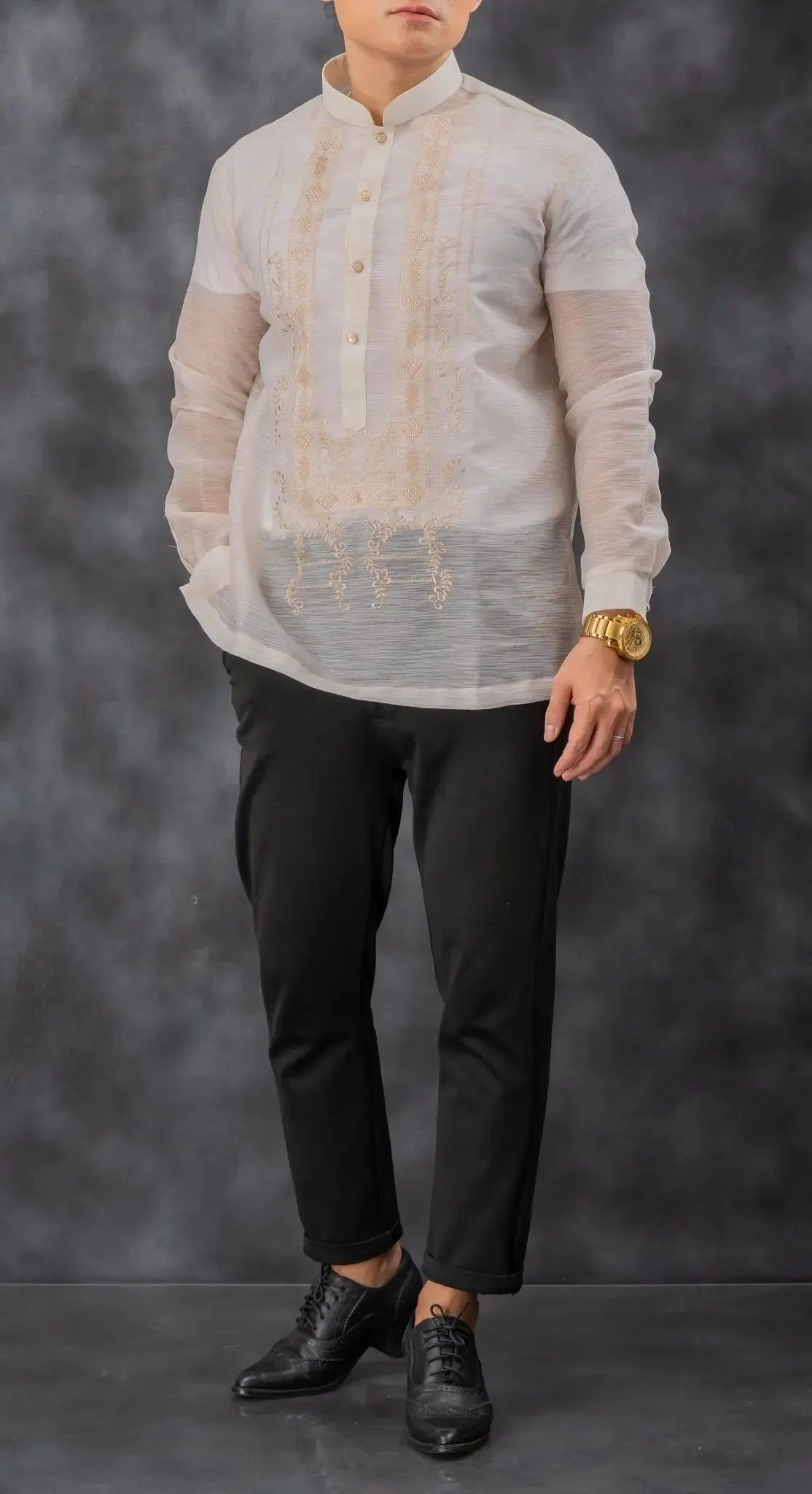 QUEZON Classic Men's Barong in Brown with Chinese Collar - Jusilyn Fabric