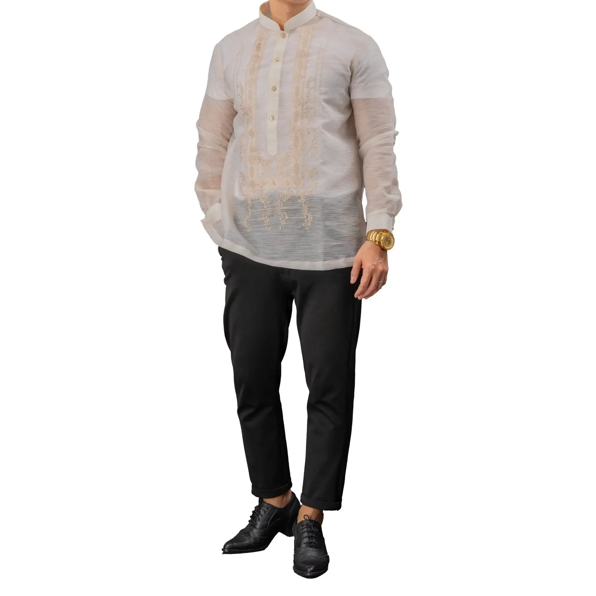 QUEZON Classic Men's Barong in Brown with Chinese Collar - Jusilyn Fabric