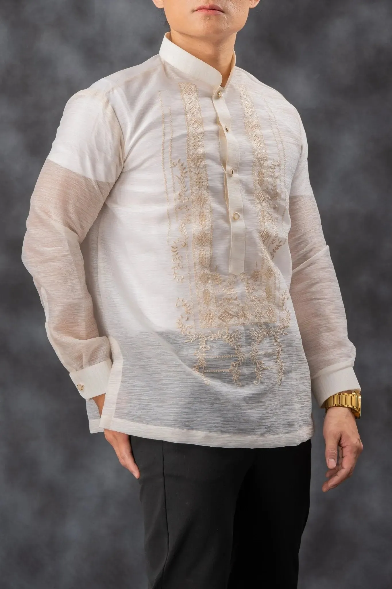 QUEZON Classic Men's Barong in Brown with Chinese Collar - Jusilyn Fabric