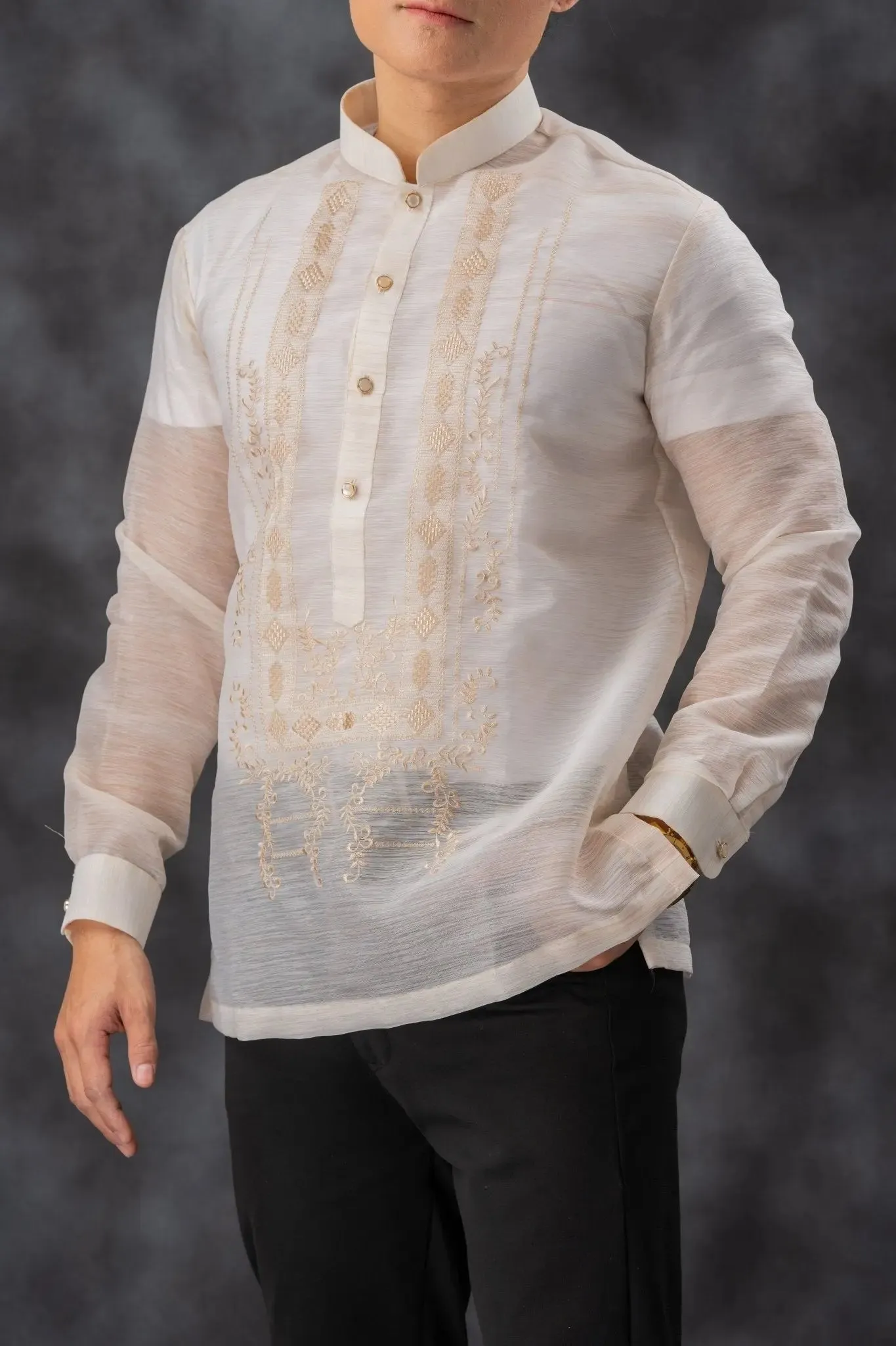 QUEZON Classic Men's Barong in Brown with Chinese Collar - Jusilyn Fabric